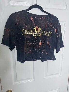 True Religion Black Cropped Tee with Bleach Splatter and Gold Logo